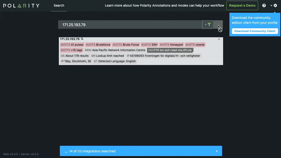 Community Edition Example searching an IP address